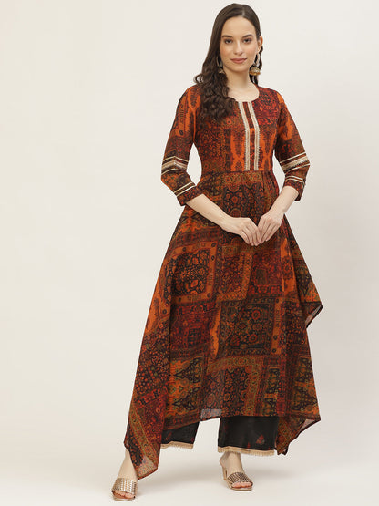 Women's Orange Color Chanderi Silk Floral A-Line Digital Printed Kurta Palazzo Set