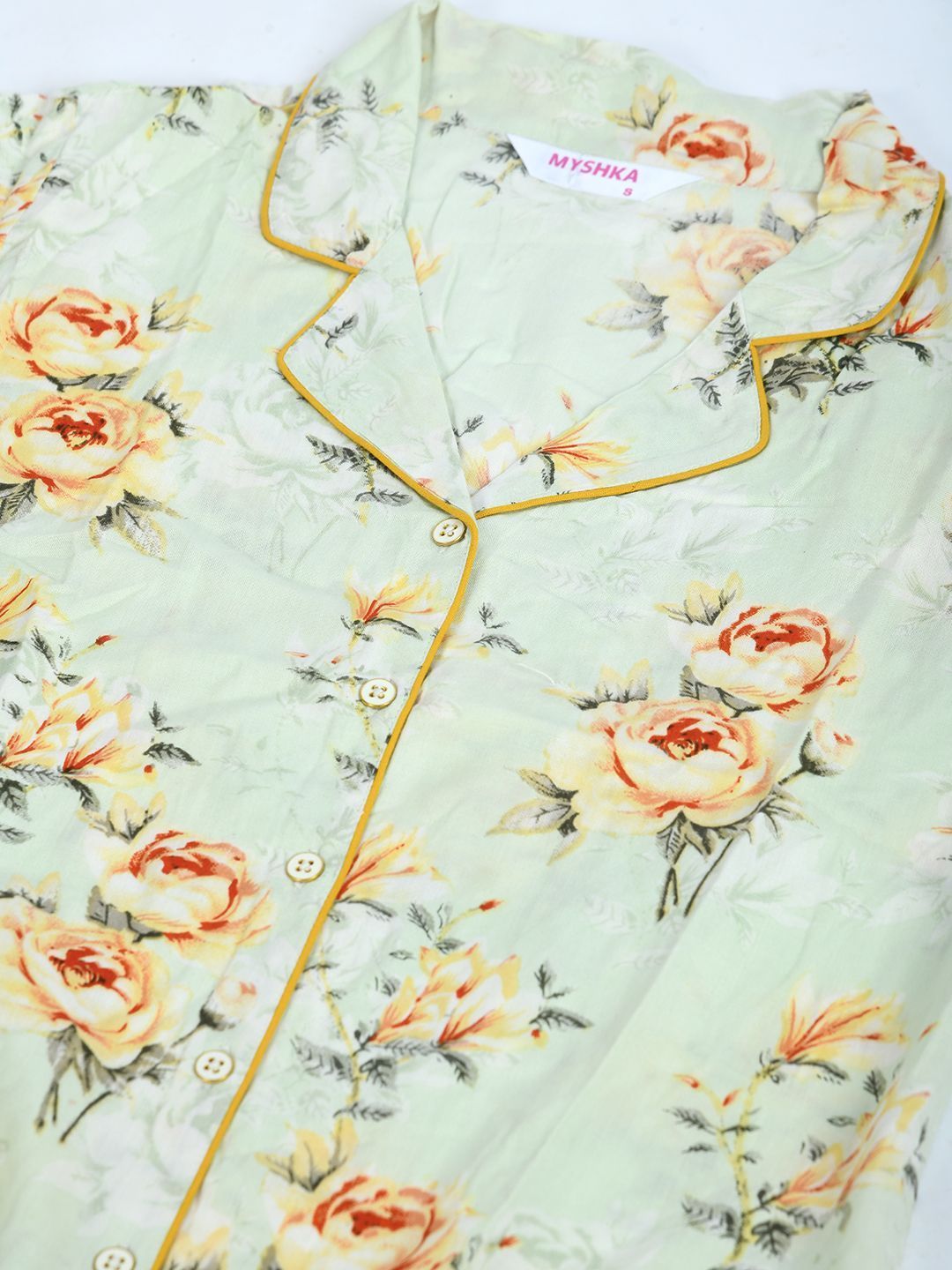 Women's Light Green Cotton Printed Full Sleeve Shirt Collar Casual Shirt Pyjama Set