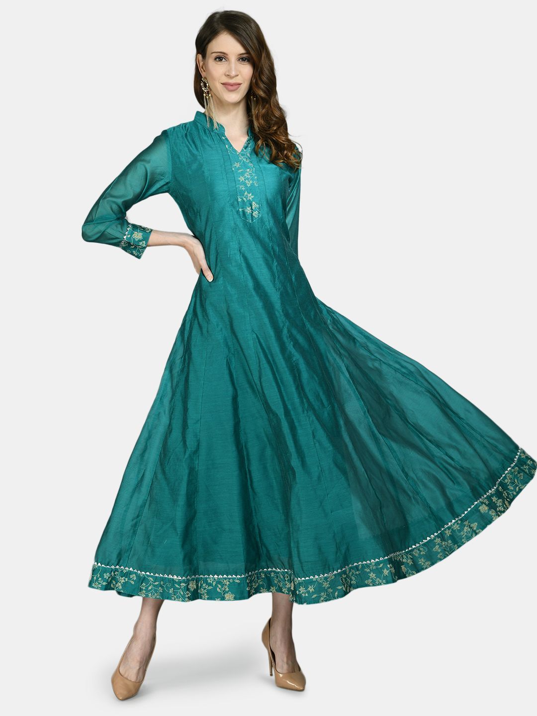 Women's Green Chanderi Silk Solid 3/4 Sleeve Mandarin Neck Casual Anarkali Kurta Dupatta Set