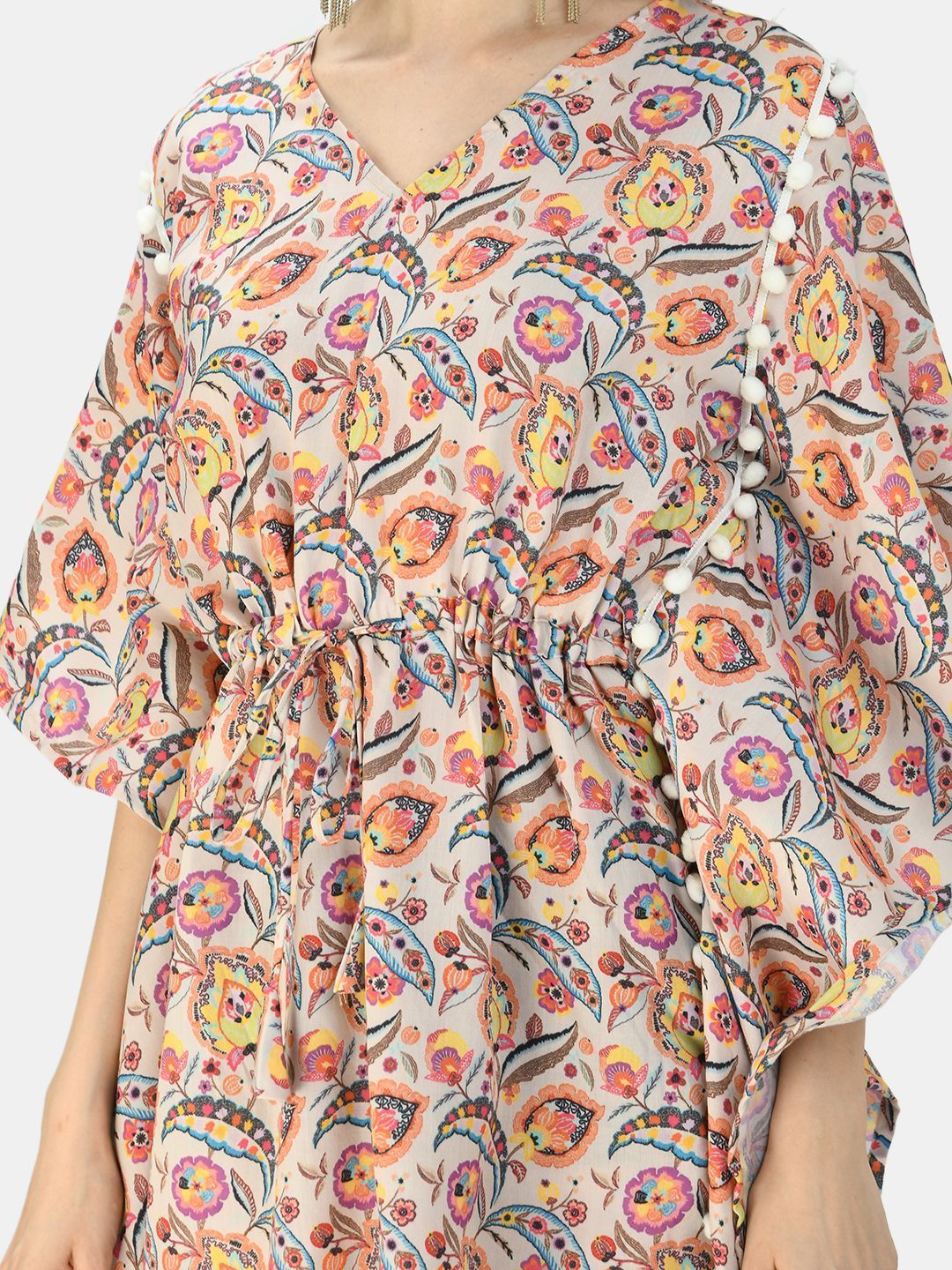 Women's Multicolor Silk Blend Printed Half Sleeve V Neck Casual Kaftaan
