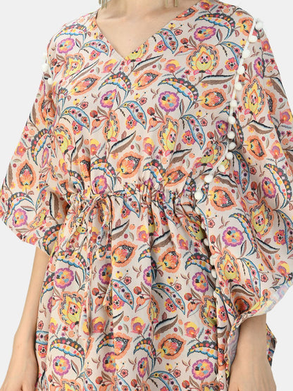Women's Multicolor Silk Blend Printed Half Sleeve V Neck Casual Kaftaan