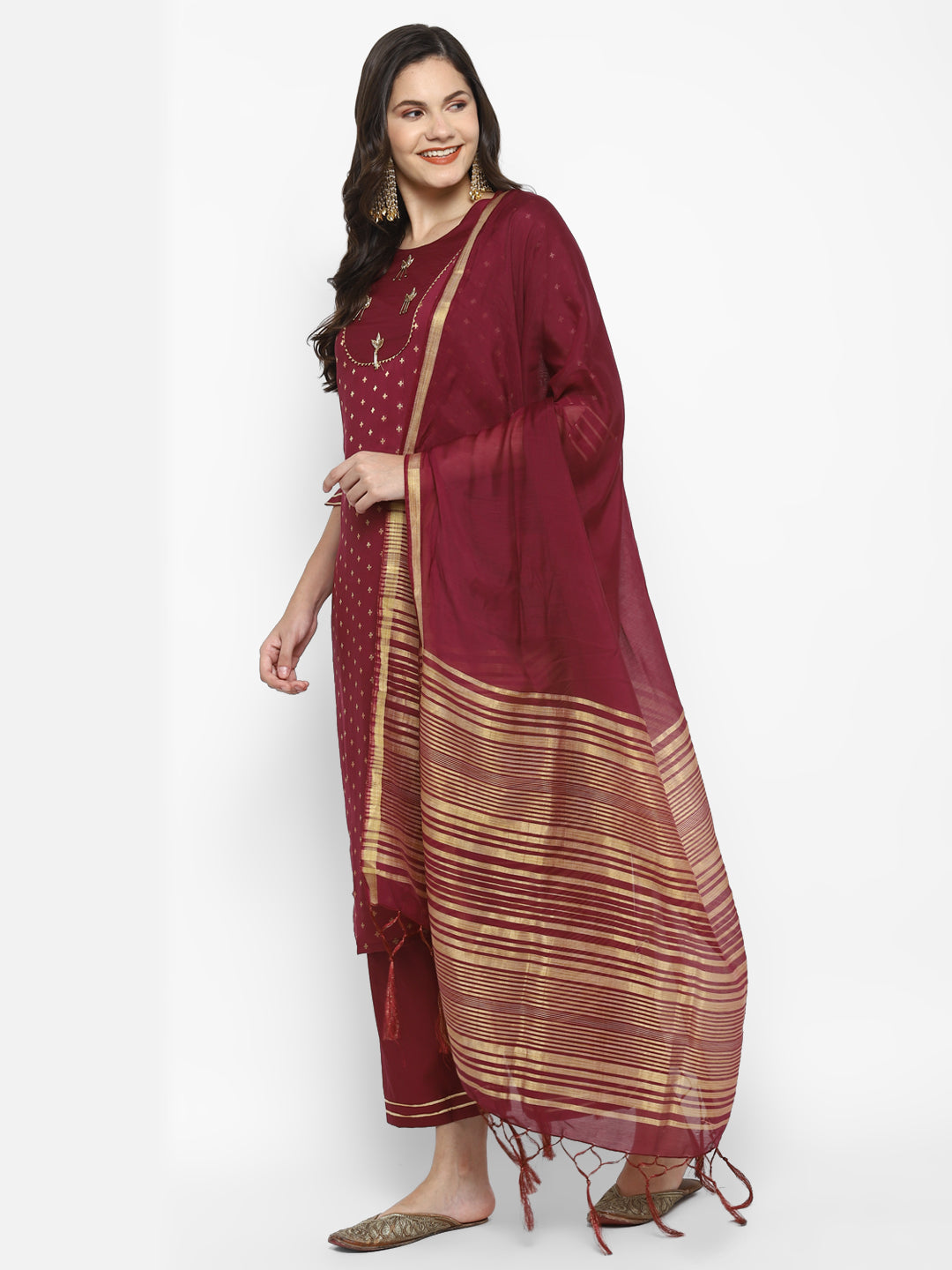 Women's Pink Color Chanderi Silk Embroidered Straight Kurta Palazzo With Dupatta