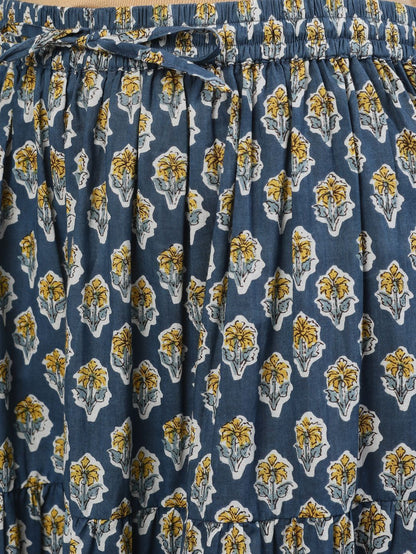 Women's Blue & Yellow Floral Printed Kurta With Skirt Set
