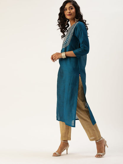 Women's Teal Blue & Beige Sequined Yoke Design Kurta With Trousers & Dupatta