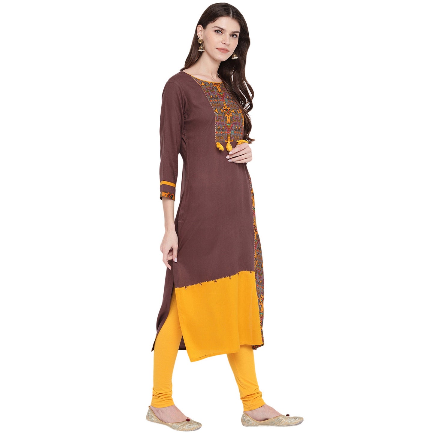Women's Brown & Yellow Rayon Kurta By Vbu