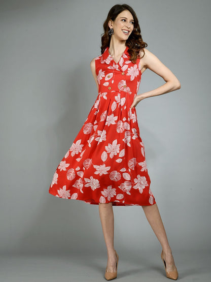 Women's Red Rayon Printed Sleeveless Collar Neck Casual Dress