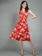 Women's Red Rayon Printed Sleeveless Collar Neck Casual Dress