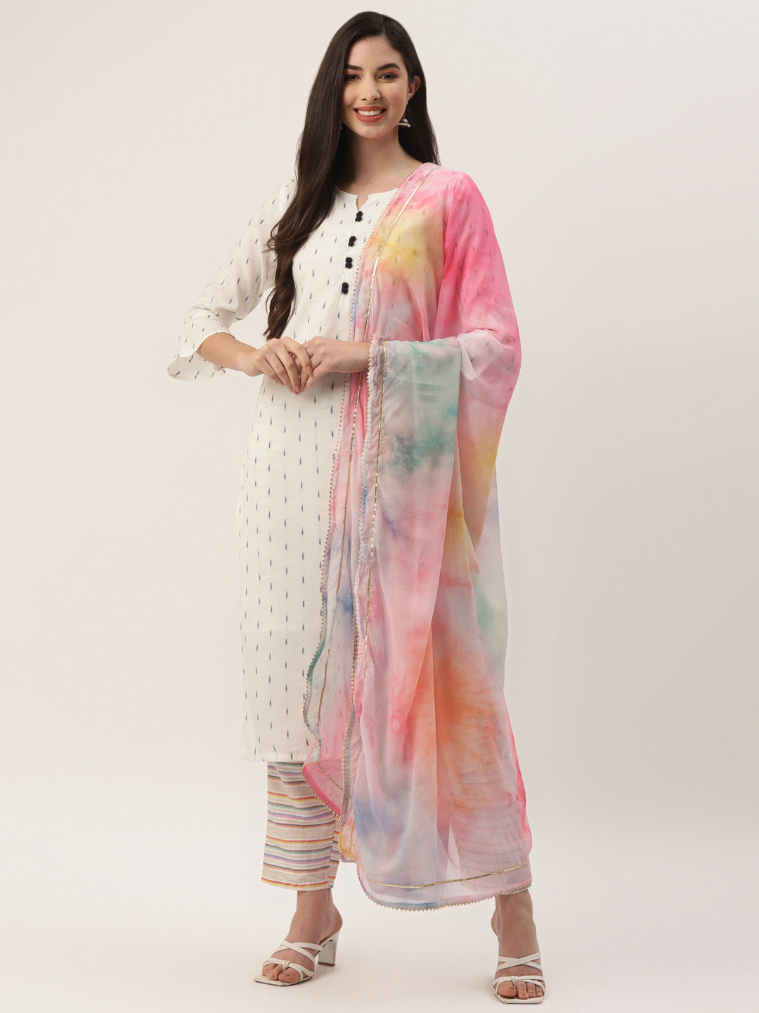 Women's White Cotton Blend Self Design Straight Kurta Trouser Set With Dupatta