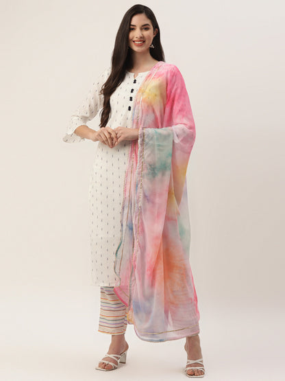 Women's White Cotton Blend Self Design Straight Kurta Trouser Set With Dupatta