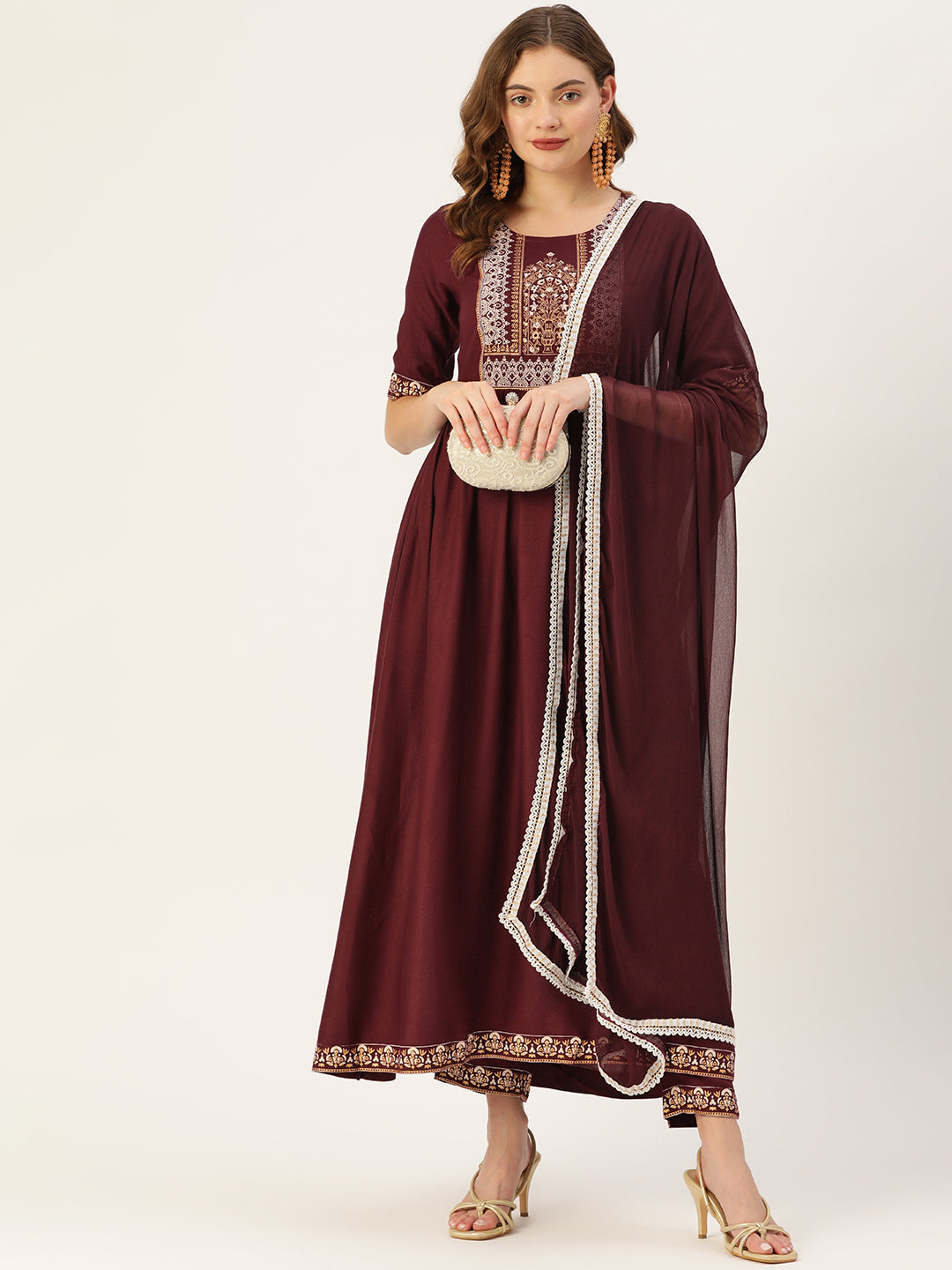 Women's Wine Rayon Panelled Printed A-Line Kurta Trouser Set With Dupatta