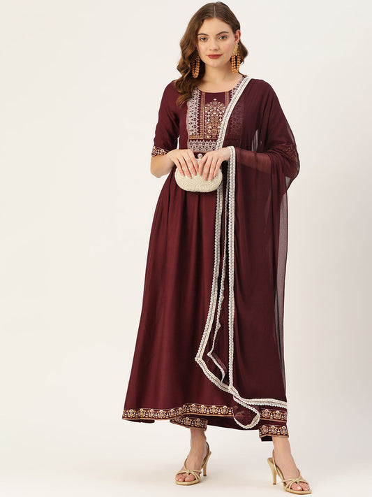 Women's Wine Rayon Panelled Printed A-Line Kurta Trouser Set With Dupatta