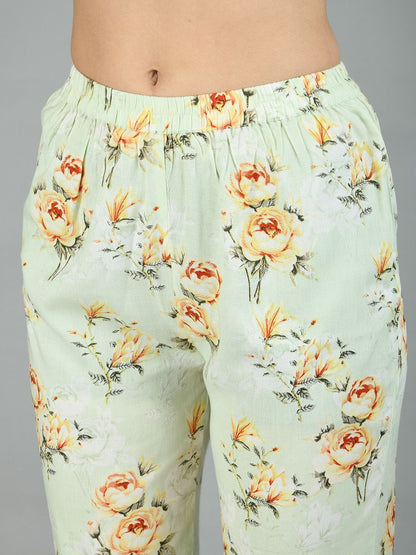 Women's Light Green Cotton Printed Full Sleeve Shirt Collar Casual Shirt Pyjama Set