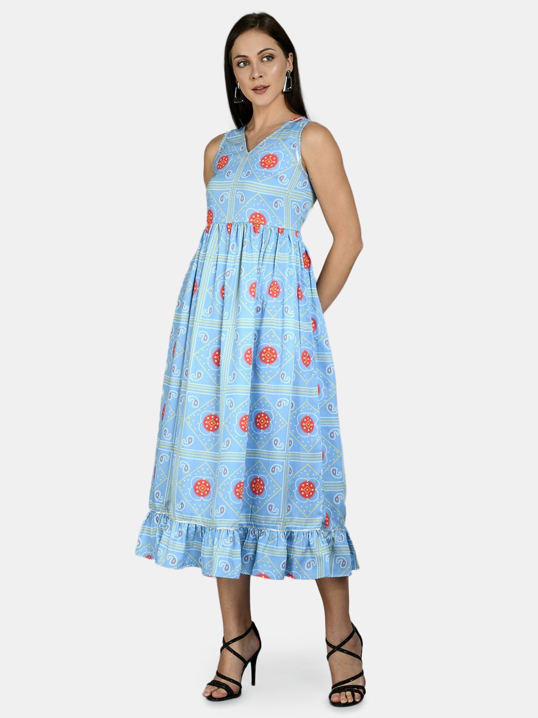 Women Sky Blue Printed Cotton Dress by Myshka (