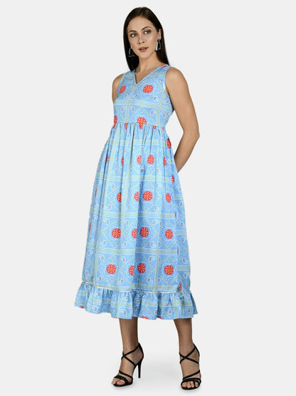 Women Sky Blue Printed Cotton Dress by Myshka (
