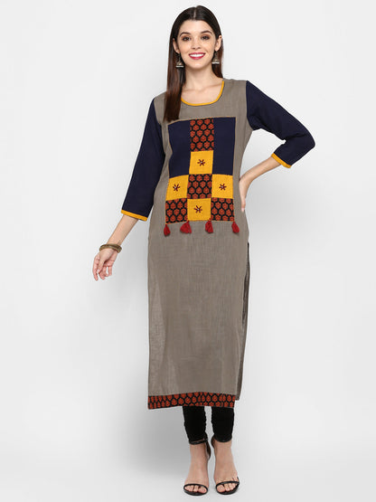 Women's Grey Cotton Straight Kurta By Vbu