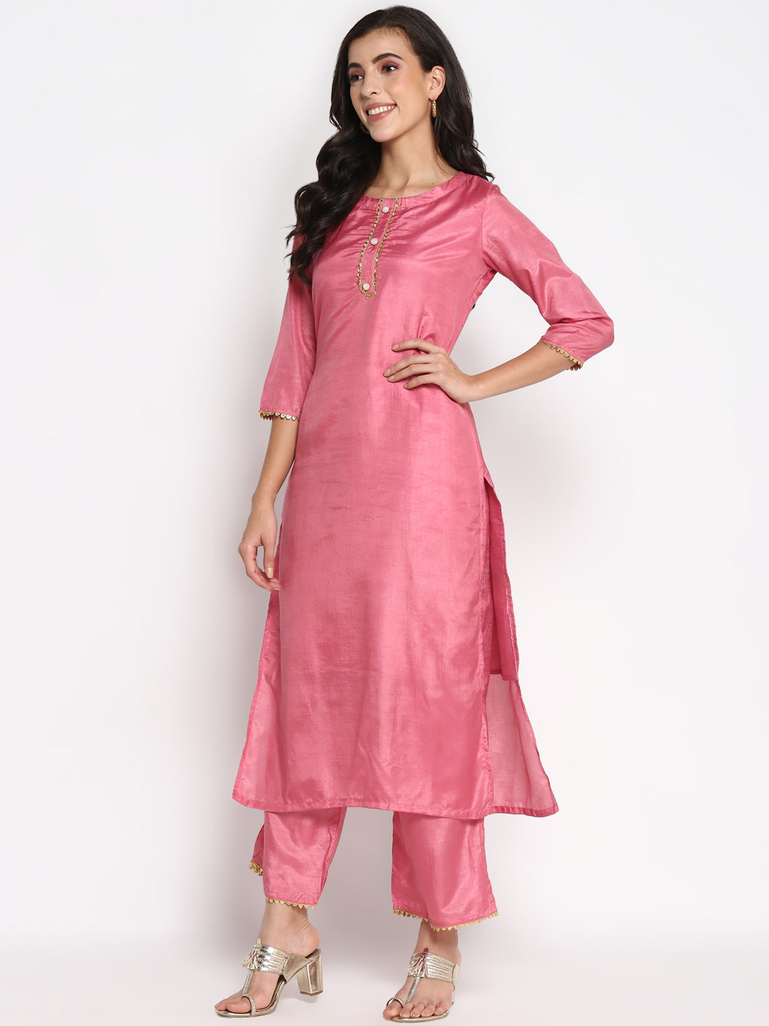 Women's Pink Color Silk Blend Straight Kurta Palazzo With Dupatta