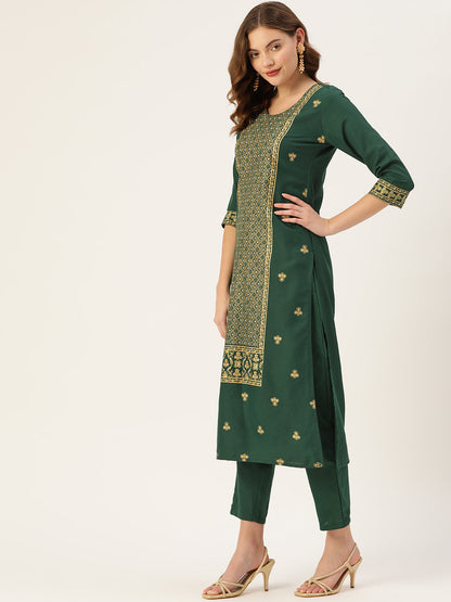 Women's Green Cotton Blend Panelled Printed Straight Kurta Trouser Set With Dupatta