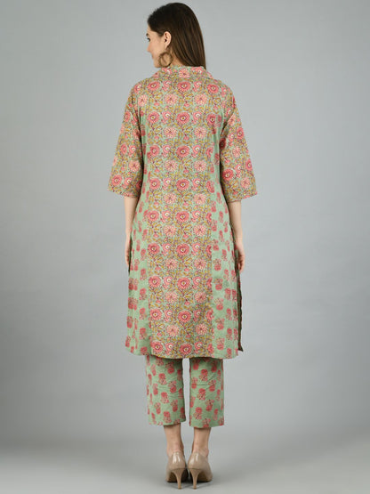 Women's Multi Cotton Printed 3/4 Sleeve Shirt Coller Casual Kurta Pant Set