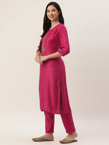 Women's Rani Rayon Blend Embroidered Straight Kurta Trouser Set With Dupatta