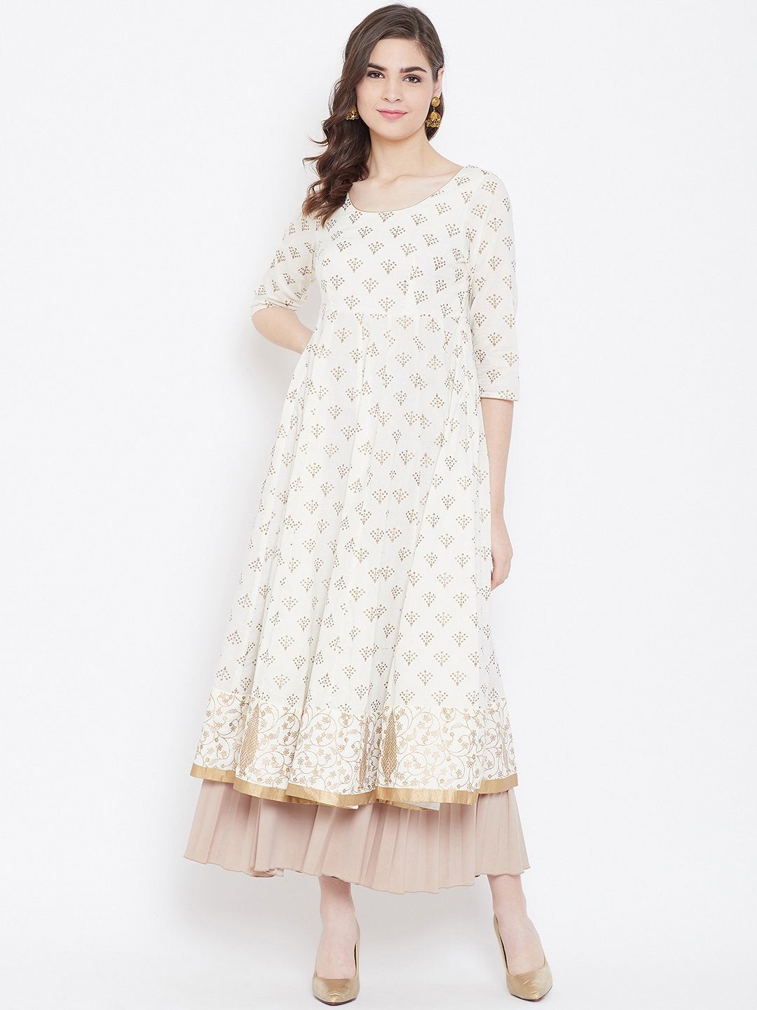 Women's Golden Print  Stylish Off White  3/4th Sleeve Cotton Anarkali Kurta