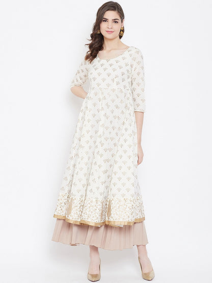 Women's Golden Print  Stylish Off White  3/4th Sleeve Cotton Anarkali Kurta