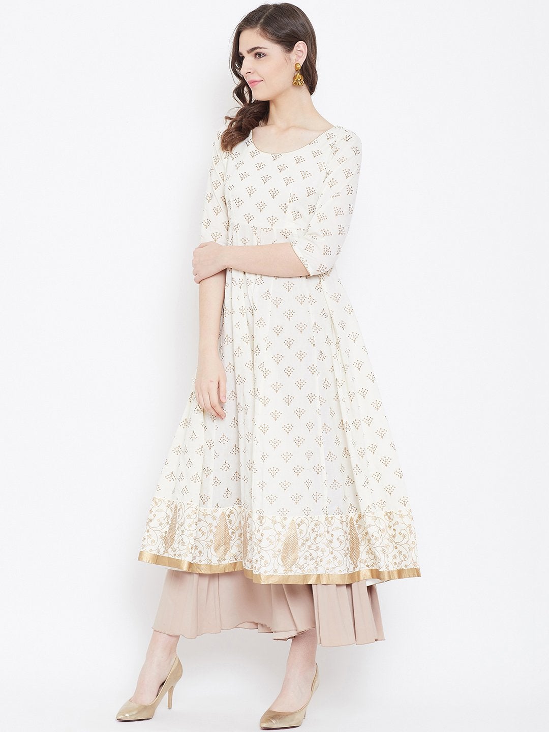 Women's Golden Print  Stylish Off White  3/4th Sleeve Cotton Anarkali Kurta