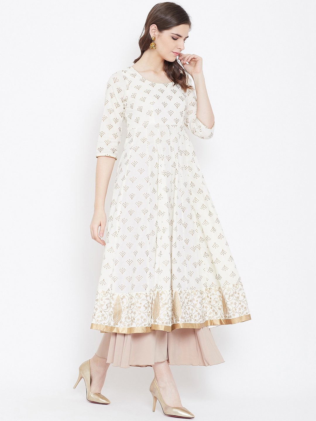 Women's Golden Print  Stylish Off White  3/4th Sleeve Cotton Anarkali Kurta