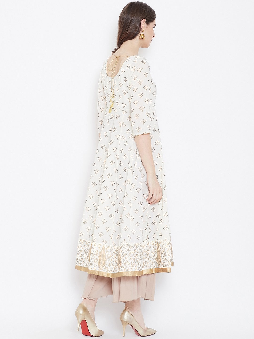 Women's Golden Print  Stylish Off White  3/4th Sleeve Cotton Anarkali Kurta