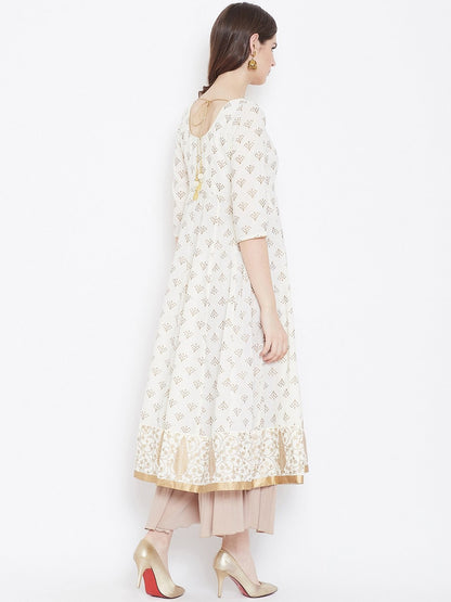 Women's Golden Print  Stylish Off White  3/4th Sleeve Cotton Anarkali Kurta
