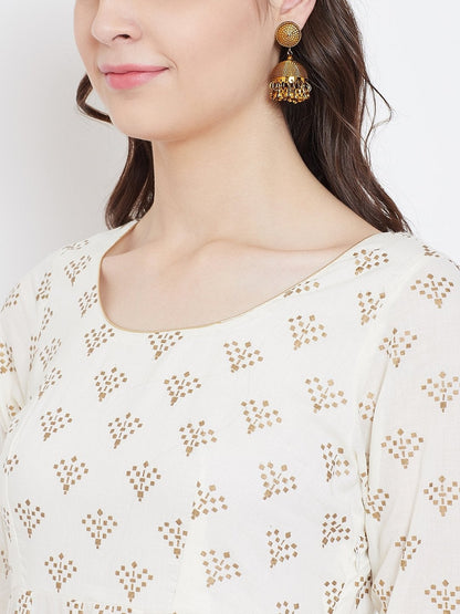 Women's Golden Print  Stylish Off White  3/4th Sleeve Cotton Anarkali Kurta