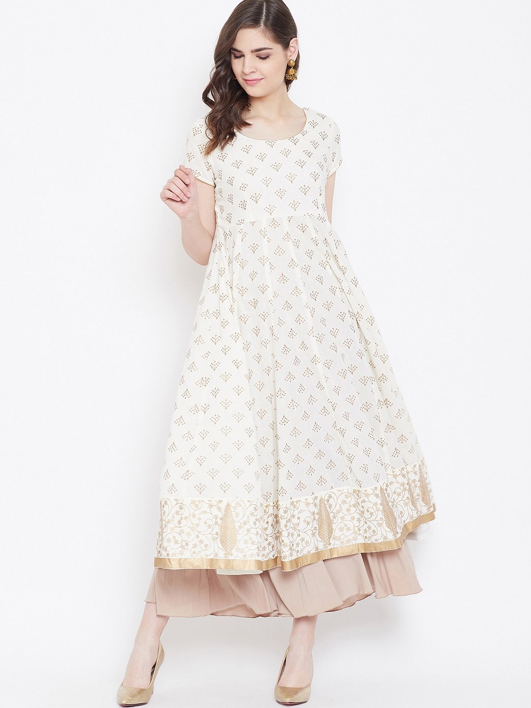 Women's Golden Print  Stylish Round Neck Off White Cotton Anarkali Kurta
