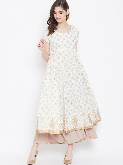 Women's Golden Print  Stylish Round Neck Off White Cotton Anarkali Kurta