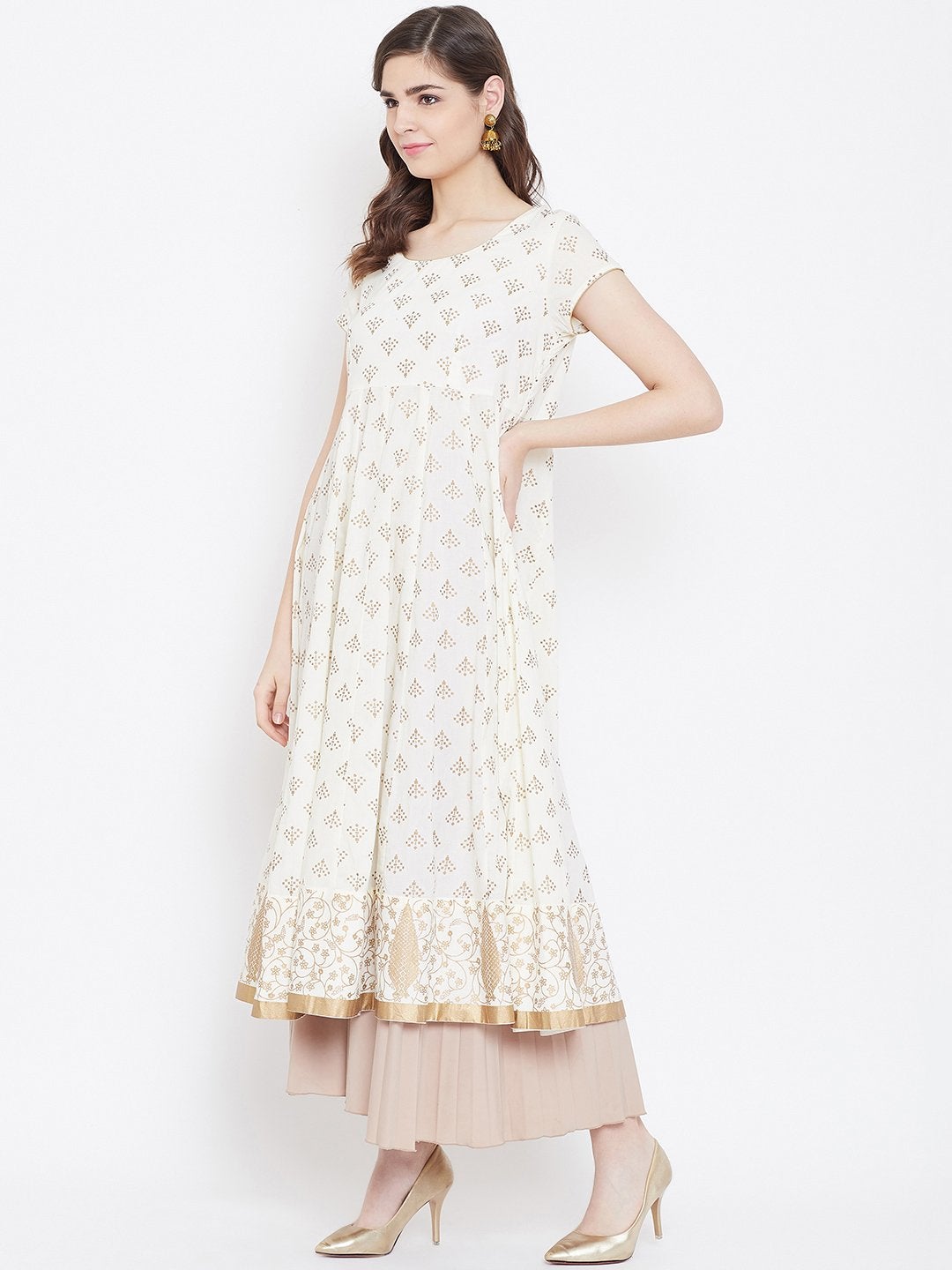 Women's Golden Print  Stylish Round Neck Off White Cotton Anarkali Kurta