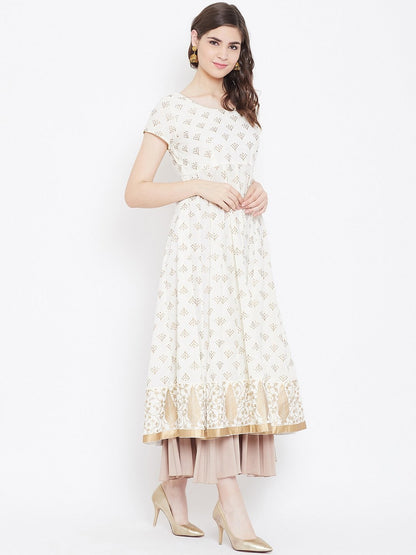 Women's Golden Print  Stylish Round Neck Off White Cotton Anarkali Kurta