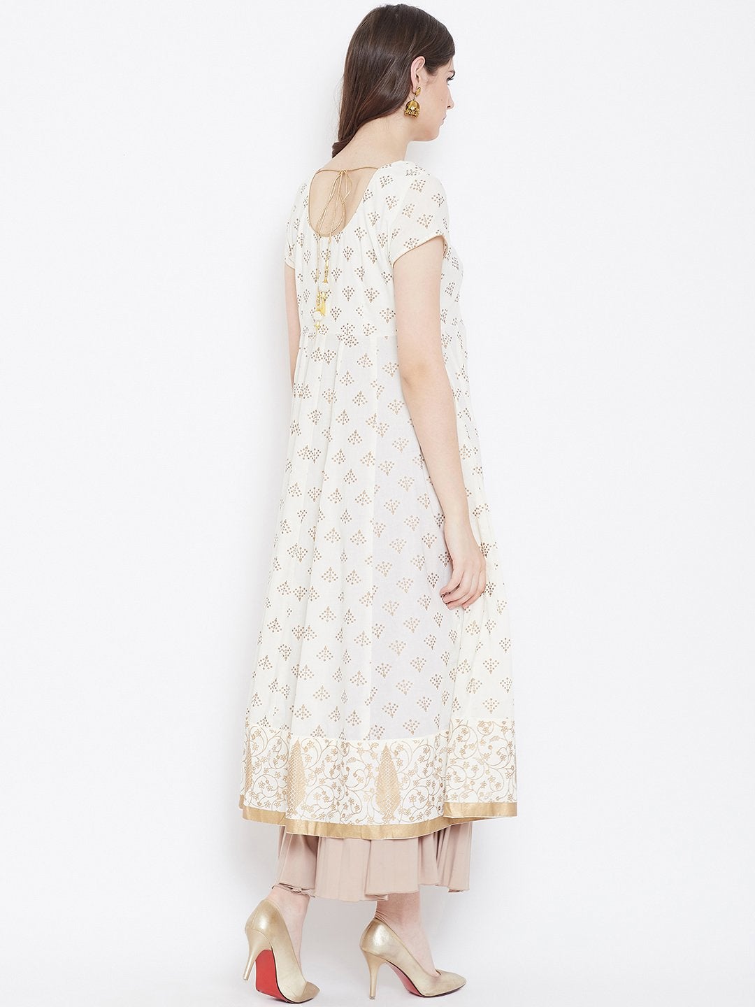 Women's Golden Print  Stylish Round Neck Off White Cotton Anarkali Kurta