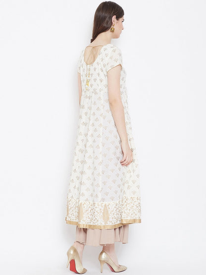 Women's Golden Print  Stylish Round Neck Off White Cotton Anarkali Kurta