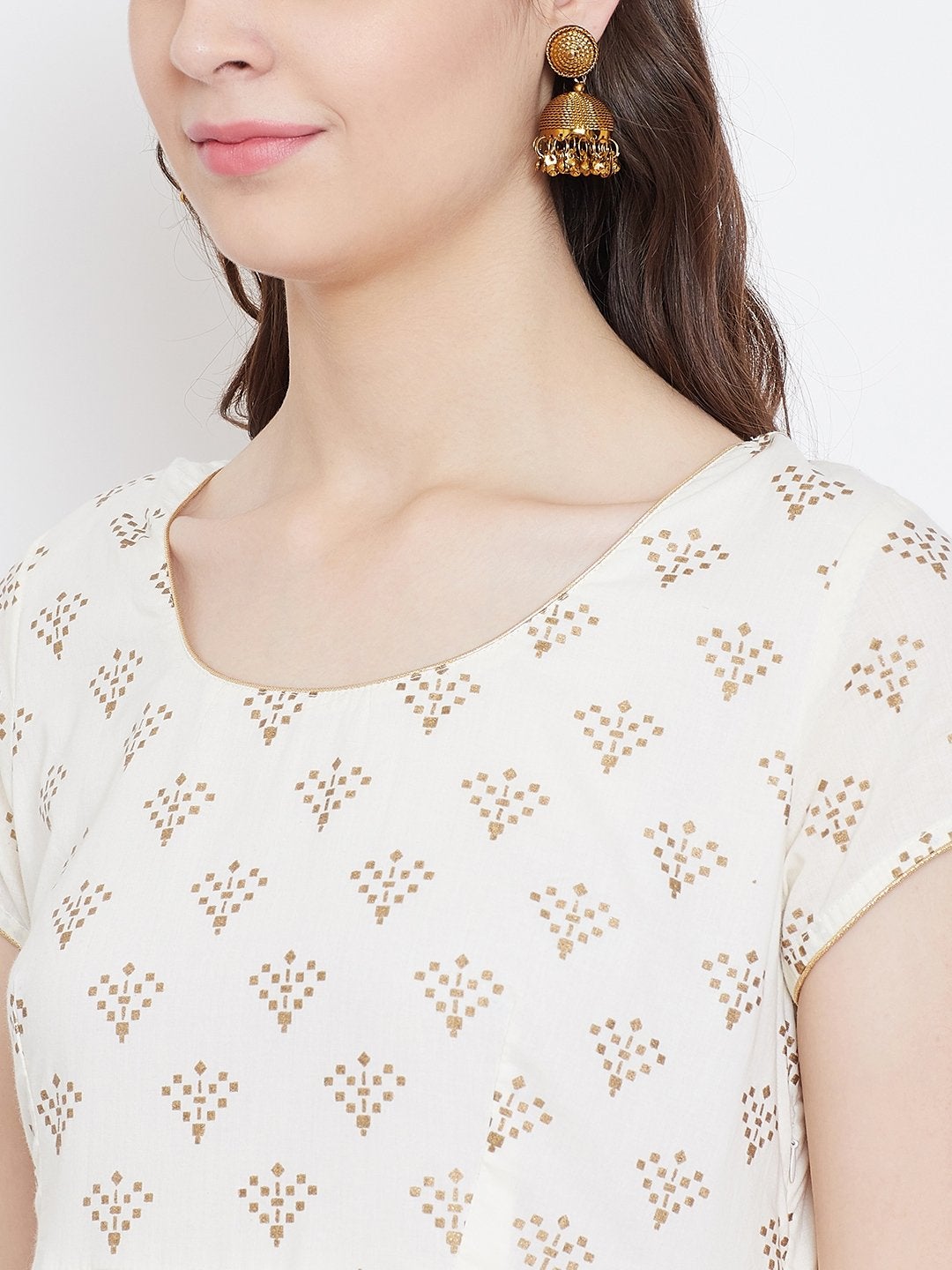 Women's Golden Print  Stylish Round Neck Off White Cotton Anarkali Kurta