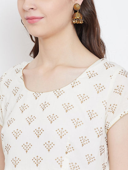 Women's Golden Print  Stylish Round Neck Off White Cotton Anarkali Kurta