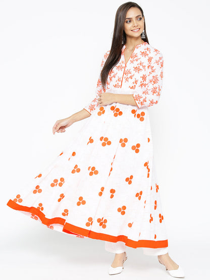 Women's Cotton Anarkali Golden Print 3/4th Sleeve White Kurta