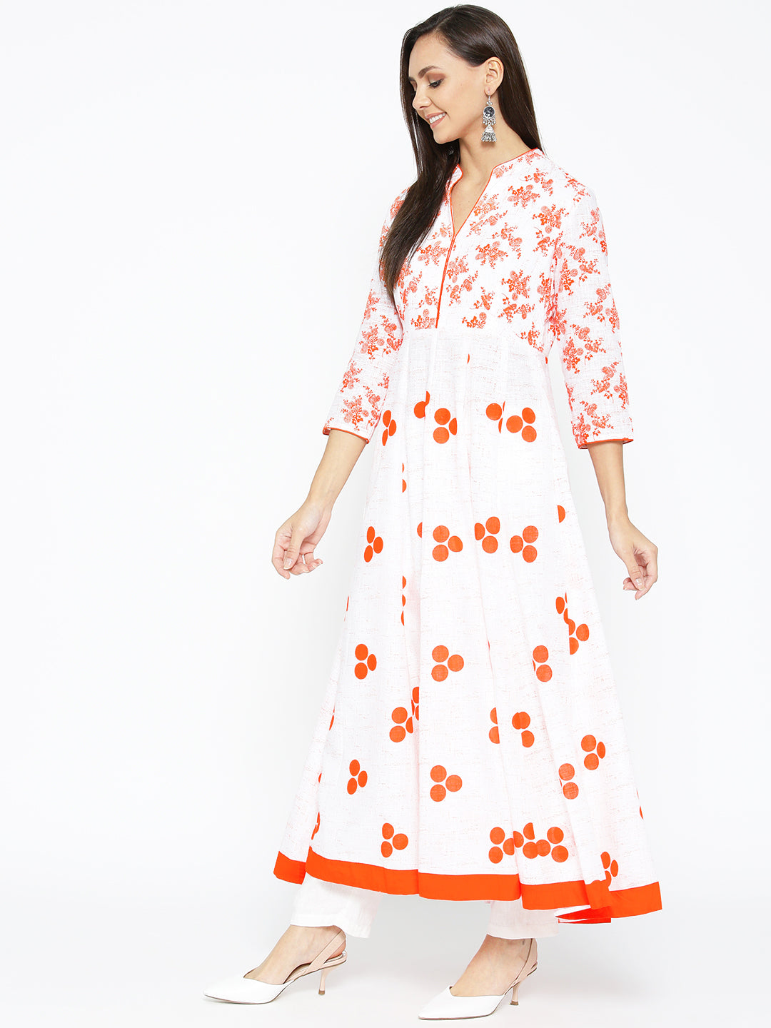 Women's Cotton Anarkali Golden Print 3/4th Sleeve White Kurta