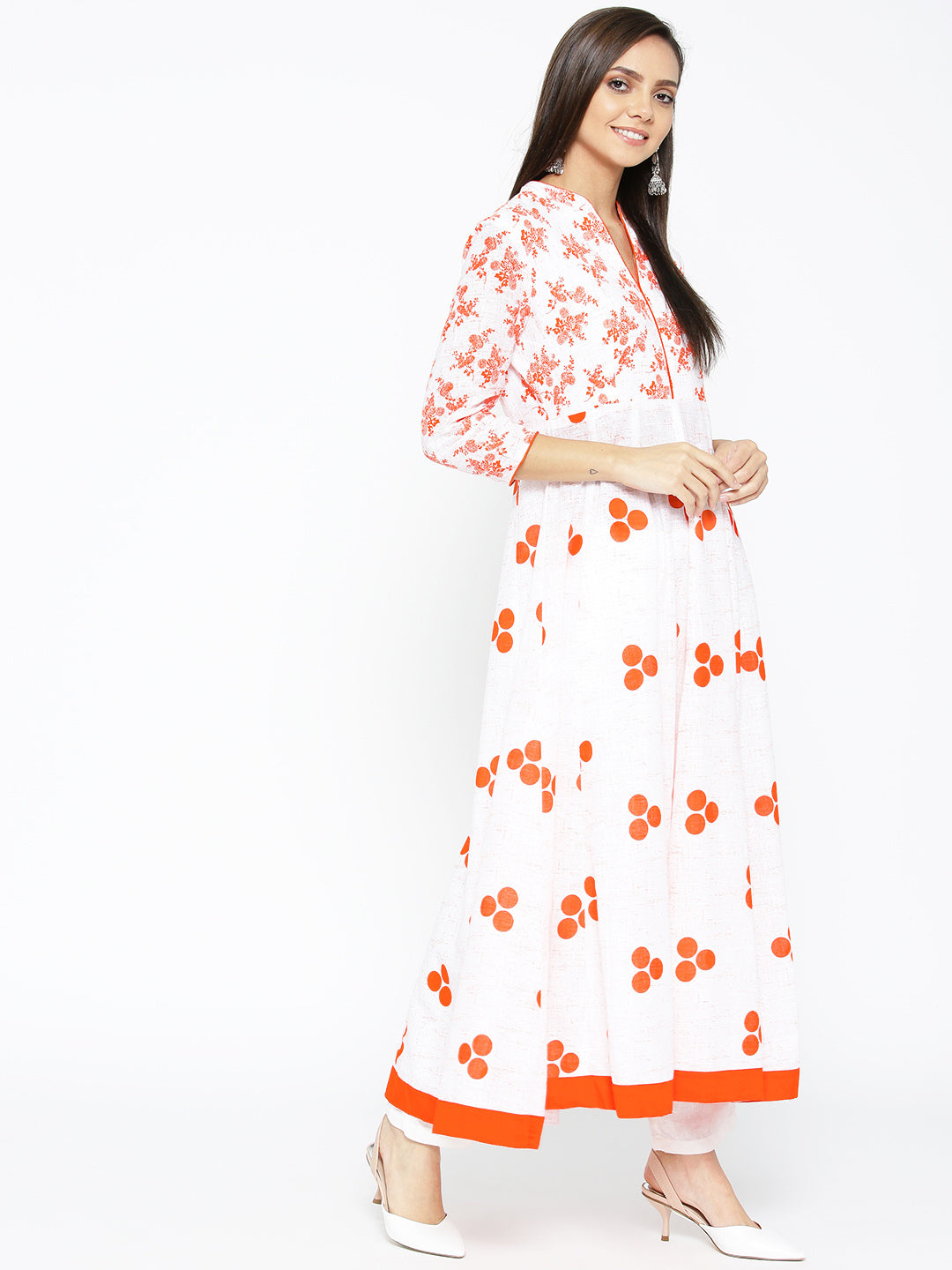 Women's Cotton Anarkali Golden Print 3/4th Sleeve White Kurta