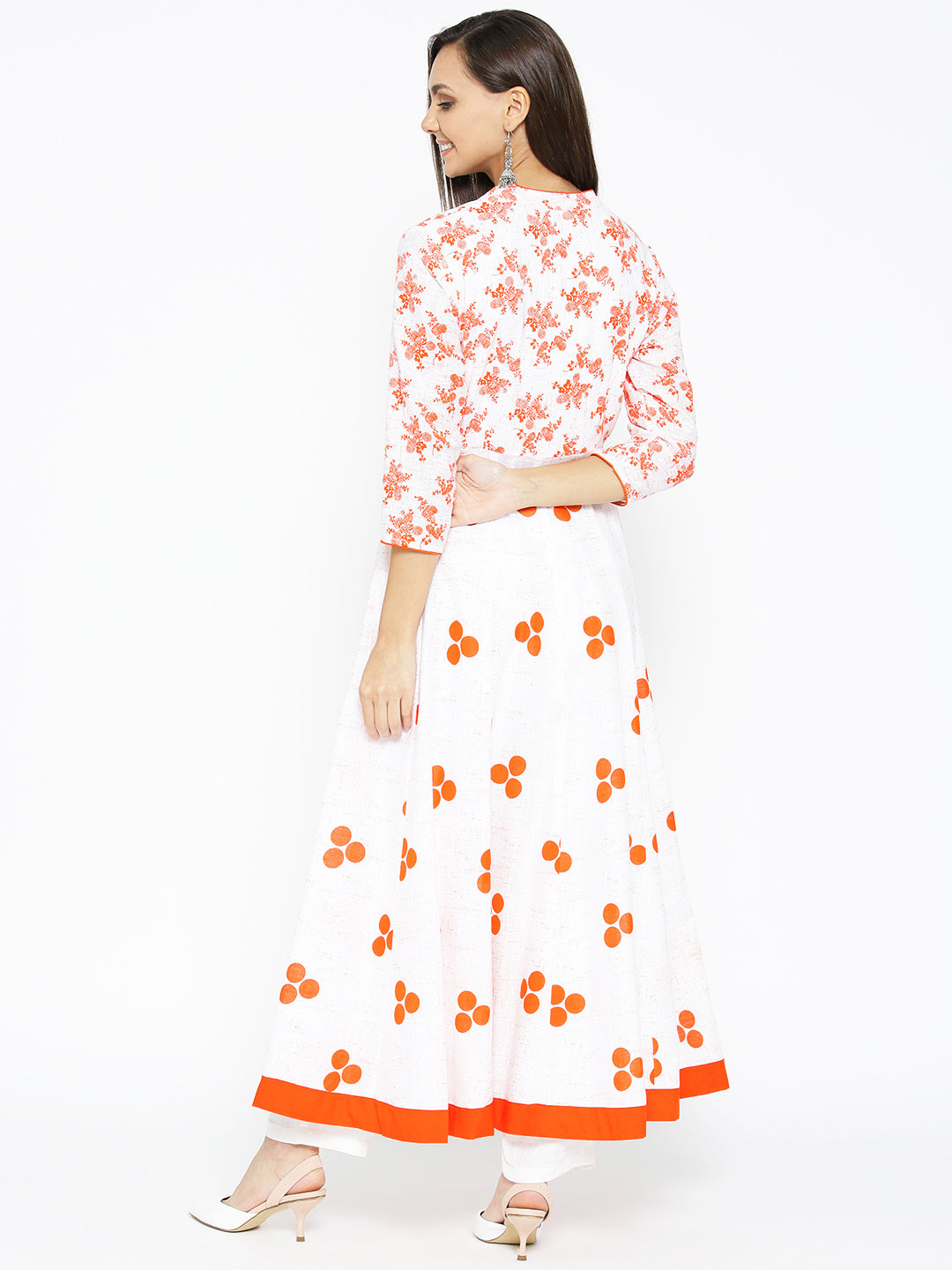 Women's Cotton Anarkali Golden Print 3/4th Sleeve White Kurta