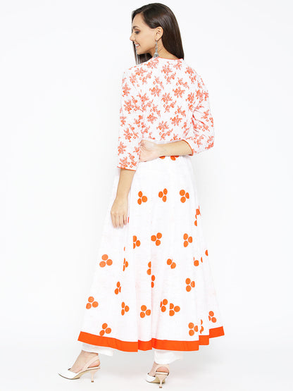 Women's Cotton Anarkali Golden Print 3/4th Sleeve White Kurta