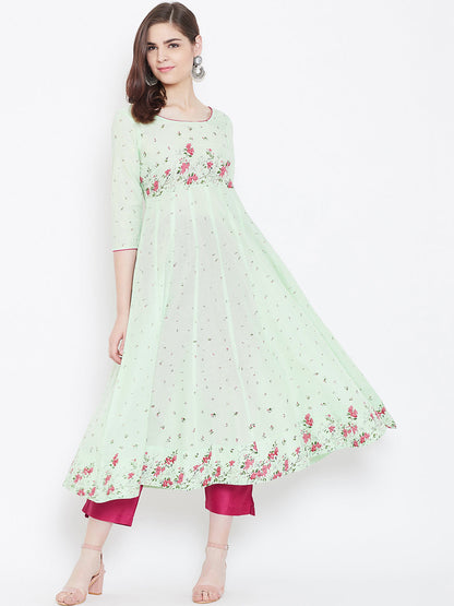 Women's Cotton Anarkali Golden Print 3/4th Sleeve Green Kurta