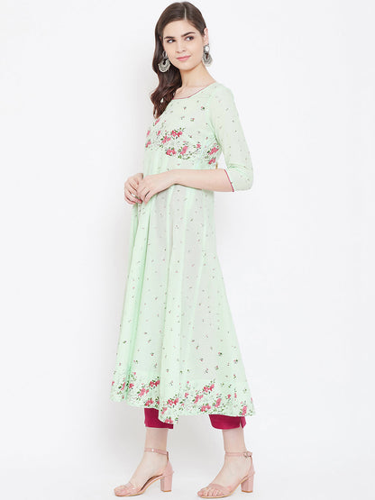 Women's Cotton Anarkali Golden Print 3/4th Sleeve Green Kurta