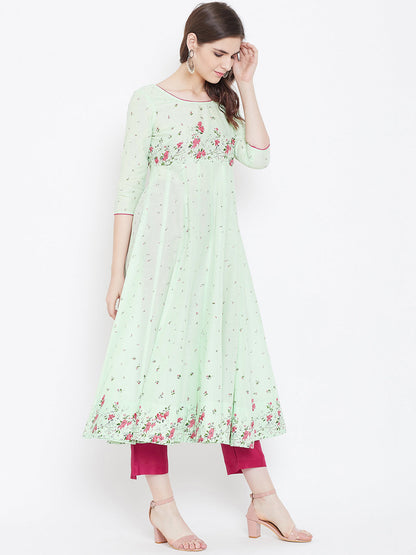 Women's Cotton Anarkali Golden Print 3/4th Sleeve Green Kurta