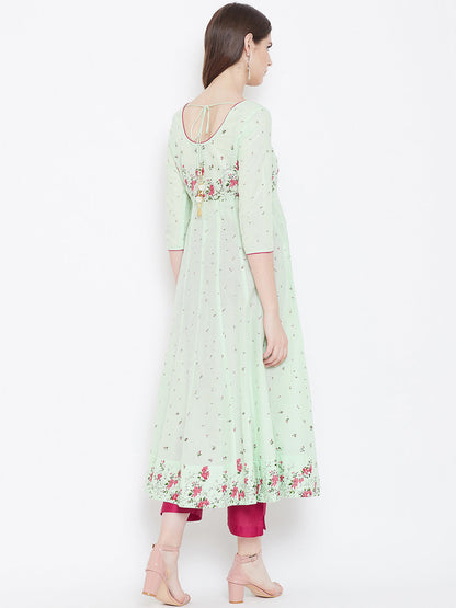 Women's Cotton Anarkali Golden Print 3/4th Sleeve Green Kurta