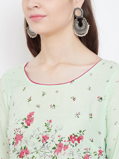 Women's Cotton Anarkali Golden Print 3/4th Sleeve Green Kurta