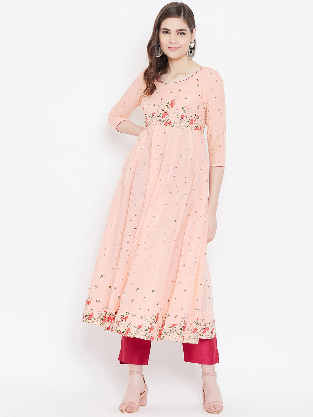 Women's Anarkali Golden Print 3/4th Sleeve Peach Kurta
