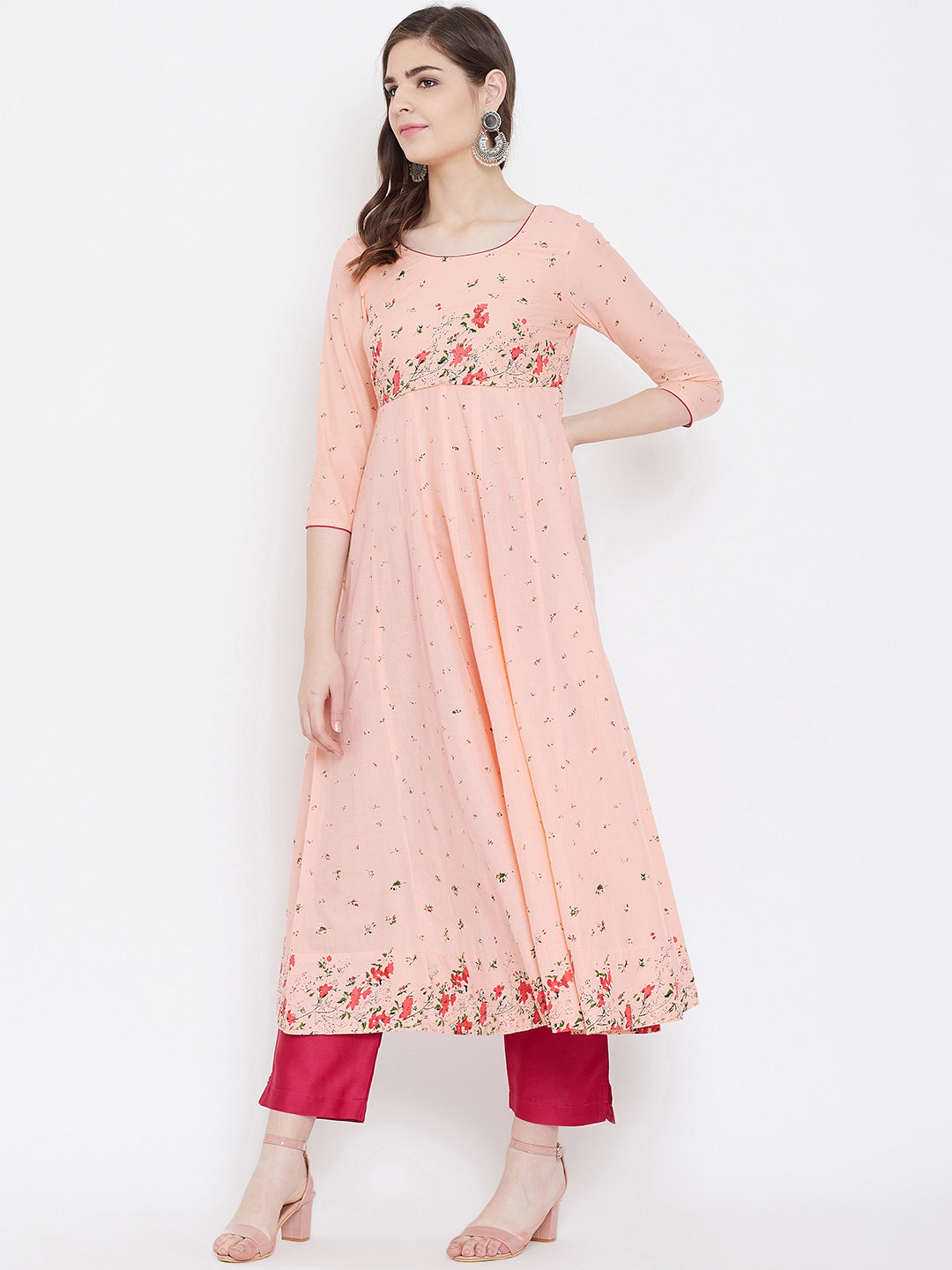 Women's Anarkali Golden Print 3/4th Sleeve Peach Kurta